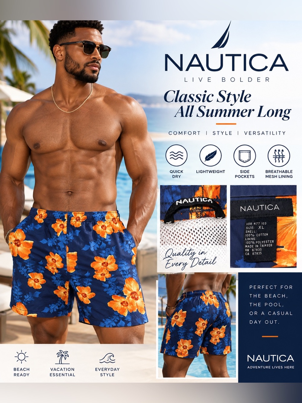 Nautica Men’s Blue Floral Swim Trunks with Orange Hibiscus size XL